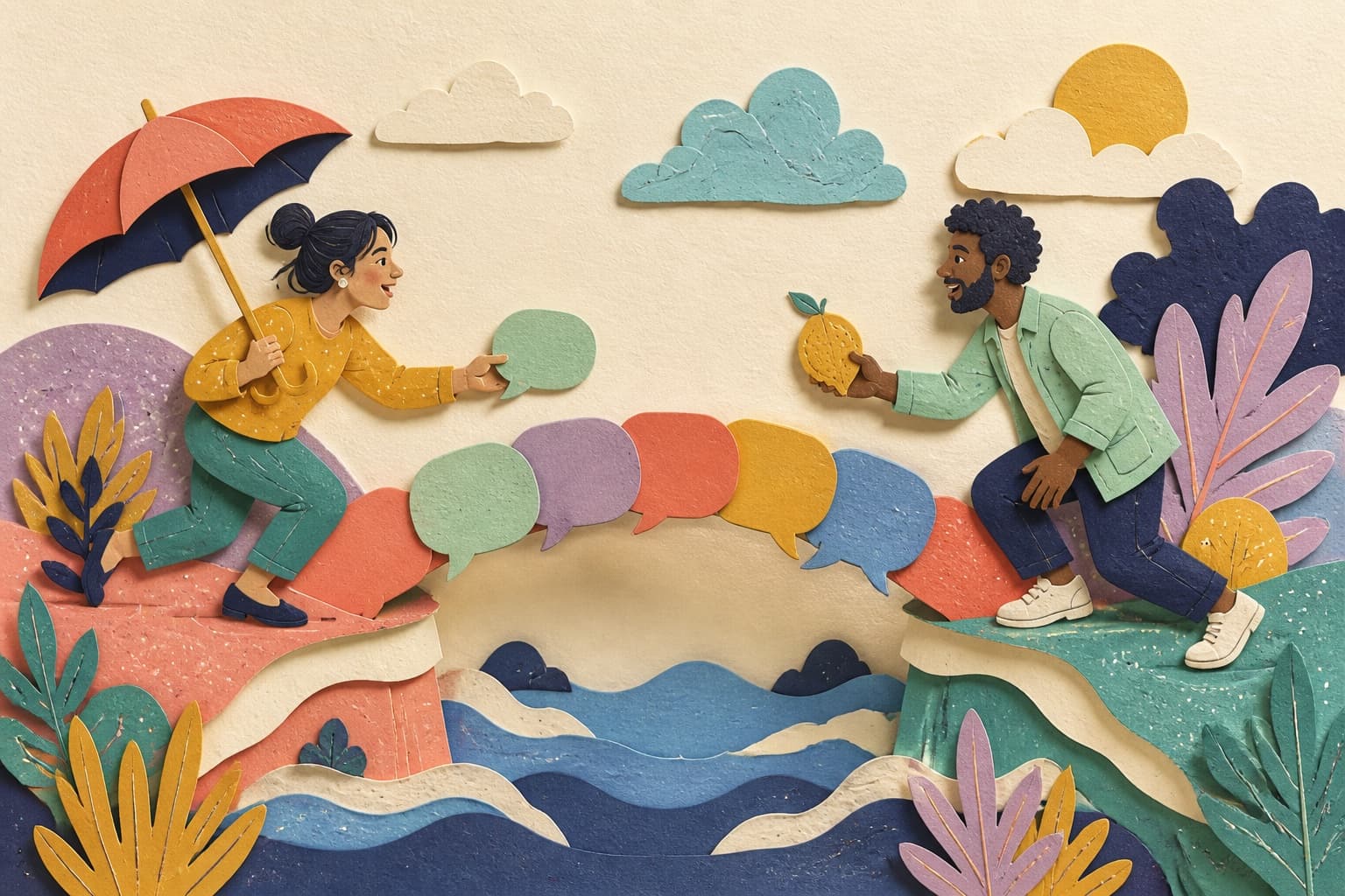 Two paper-cut people building a bridge from colorful speech bubbles