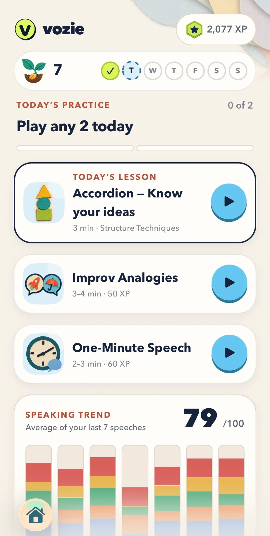Vozie home screen with today’s lesson, games, streak, and XP