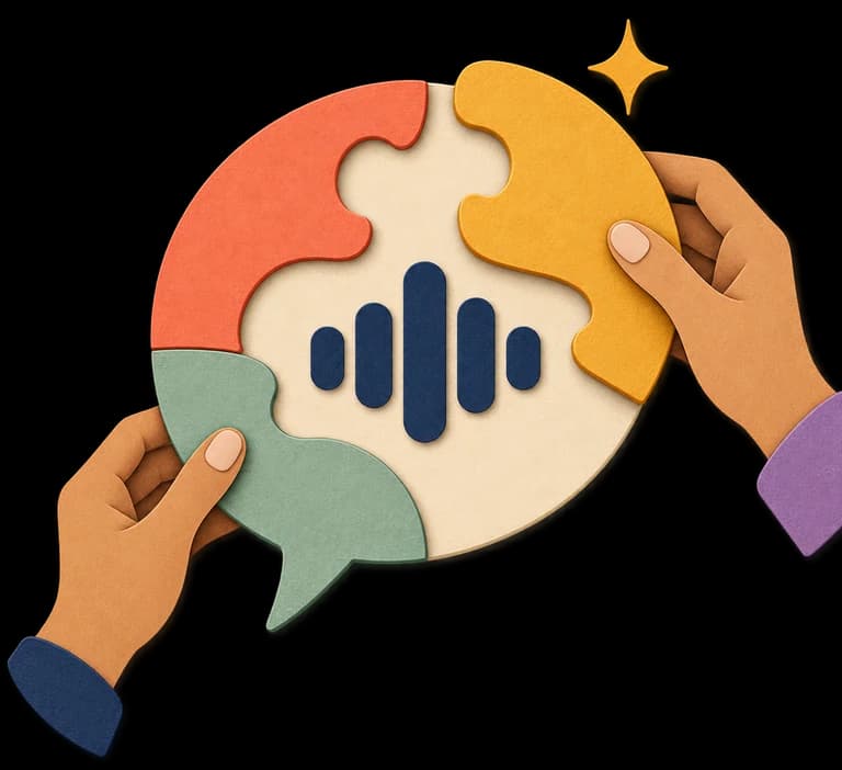 Hands fitting the pieces of a speech bubble together